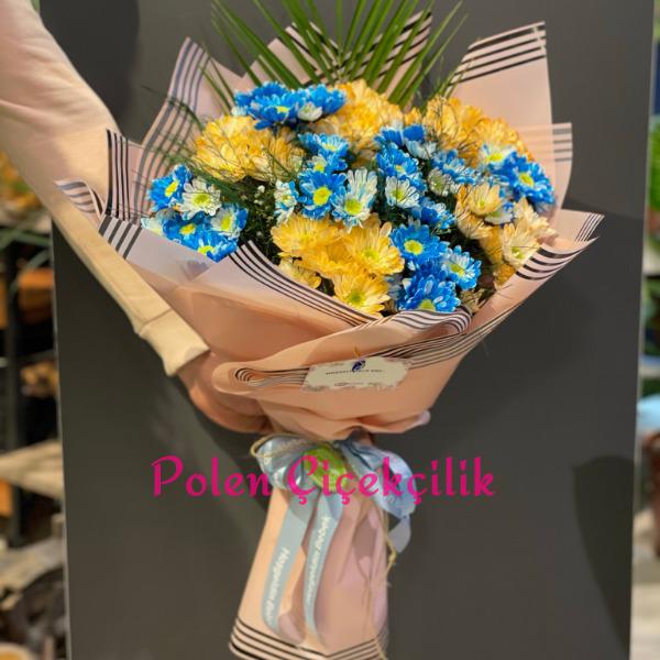 Sarı Mavi Papatyalar Çiçek Buketi Resim 1