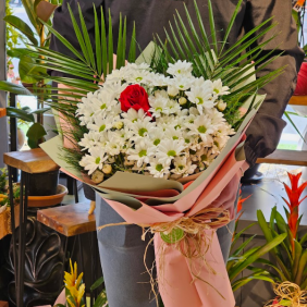  Burdur Çiçek Siparişi Beyaz Papatyalar içinde Tek kırmızı Gül Buketi